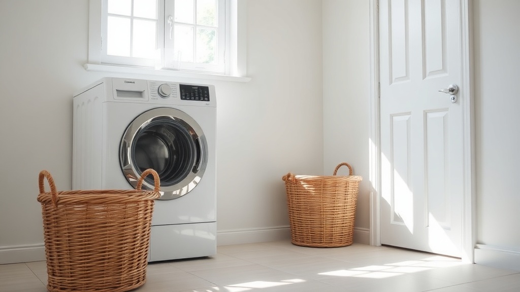 햇살이 들어오는 세탁실에 놓인 드럼 세탁기와 빨래 바구니가 있는 일상적인 장면