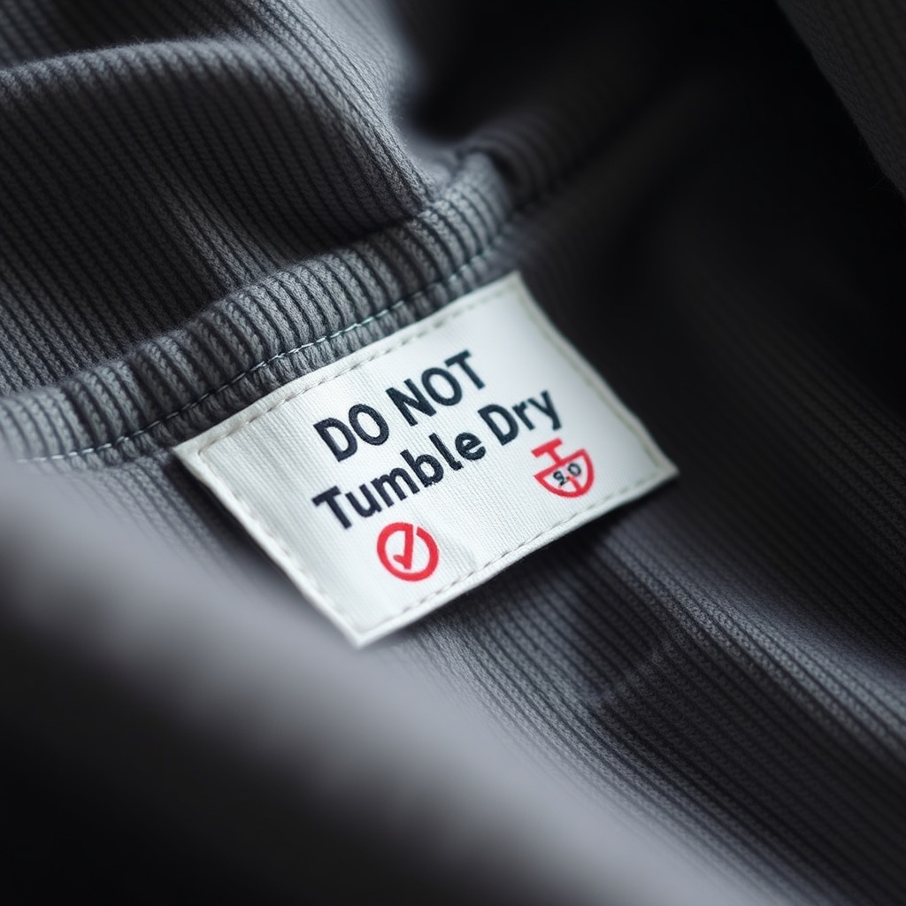 의류 안쪽에 부착된 세탁 케어 라벨의 건조기 사용 금지 및 온도 제한 기호를 확인하는 상세 모습