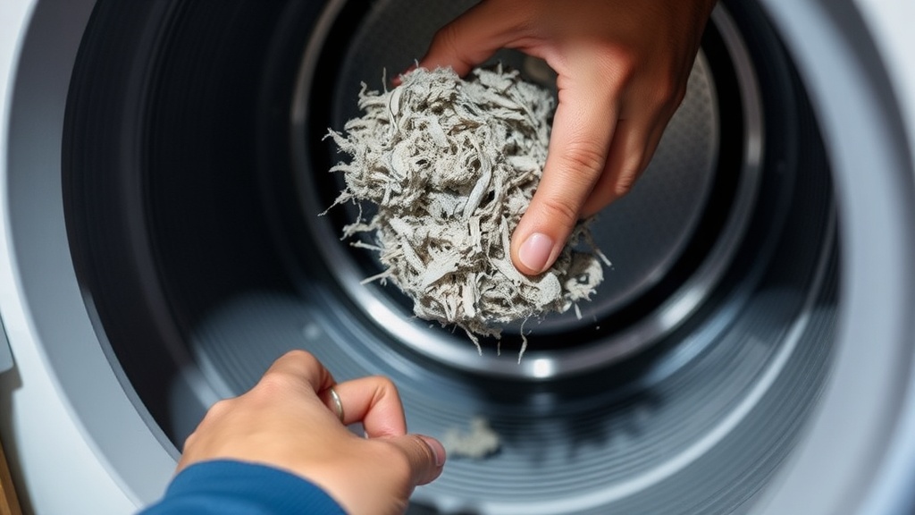 건조기 사용 후 먼지 필터에 쌓인 보풀을 제거하여 공기 흐름을 원활하게 관리하는 과정
