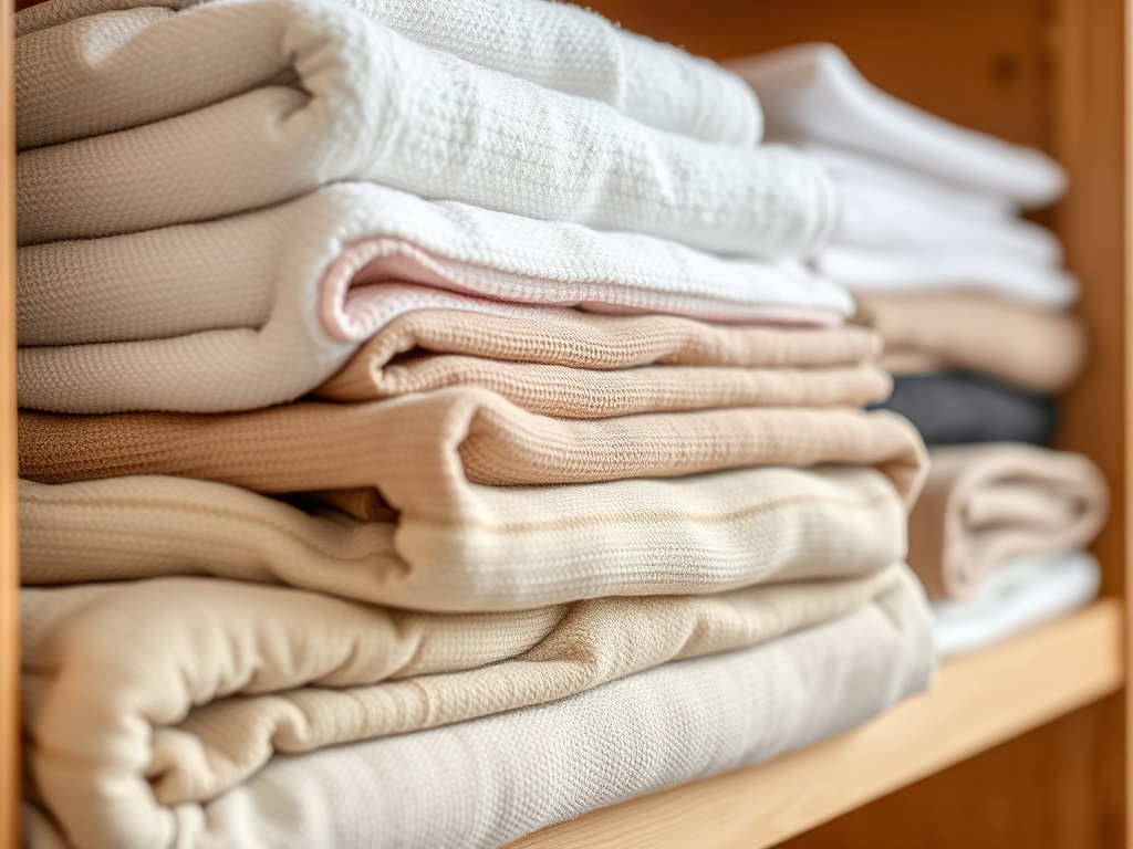 건조를 마치고 깔끔하게 개켜진 부드러운 수건과 옷가지들이 쌓여있는 모습