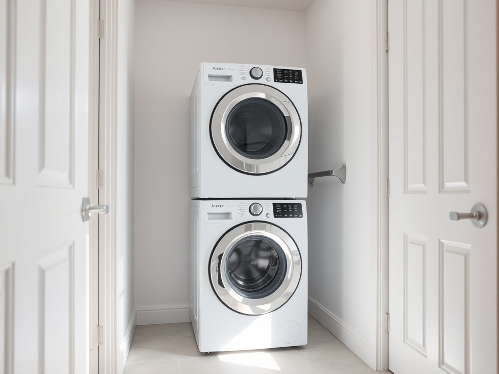 좁은 다용도실 공간을 효율적으로 활용하여 세탁 가전을 배치한 인테리어 예시
