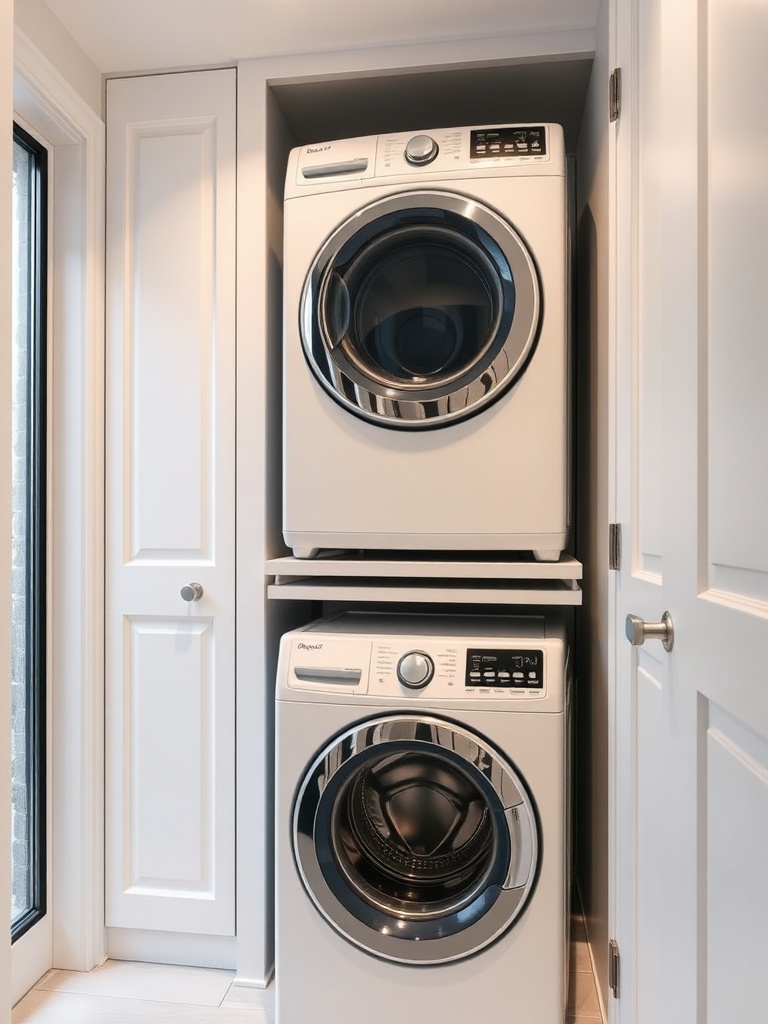 좁은 다용도실에 효율적으로 배치된 세탁기와 건조기의 모습