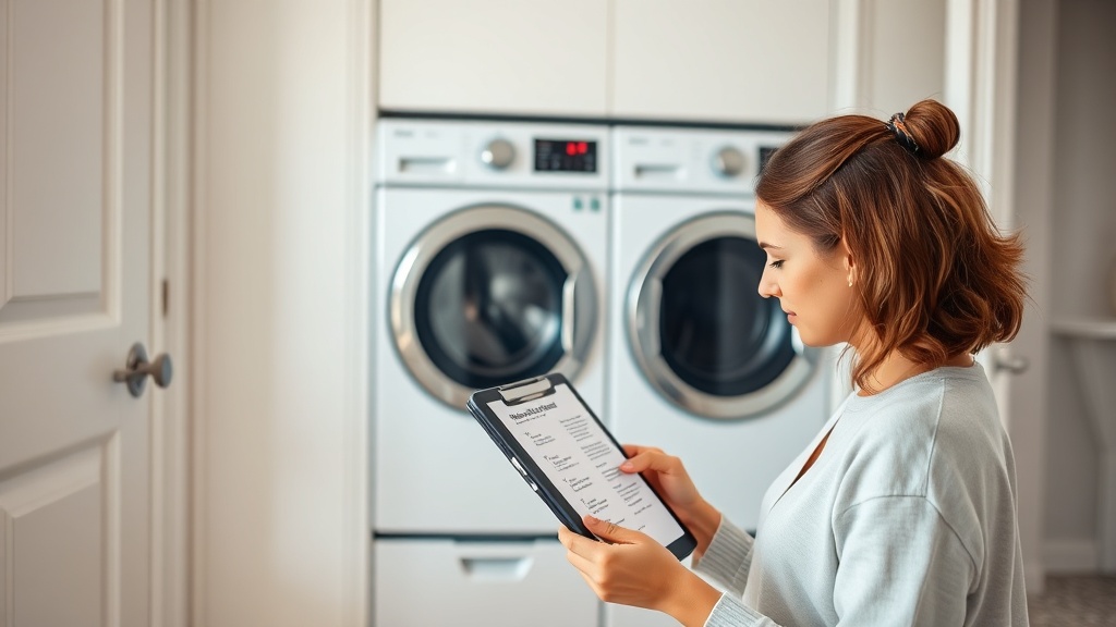 세탁기와 건조기 사이에서 고민하는 사용자가 체크리스트를 확인하는 모습