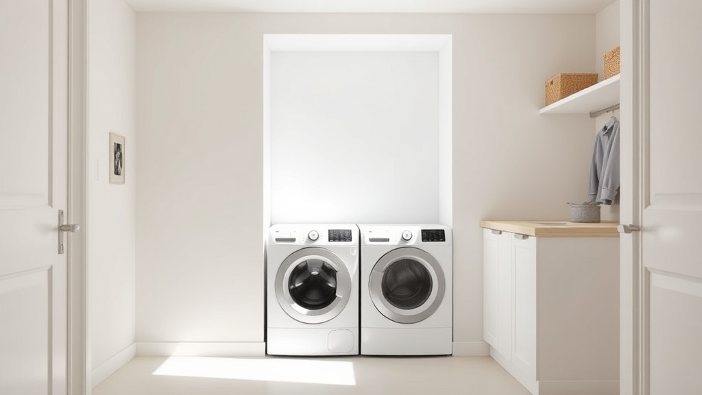 현대적인 세탁실에 설치된 세탁 건조 겸용 모델이 공간을 효율적으로 활용하고 있는 모습